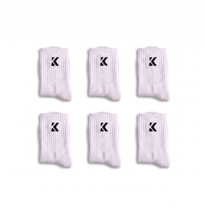 White crew socks 6 pack with cushioned soles, arch support and breathable knit.