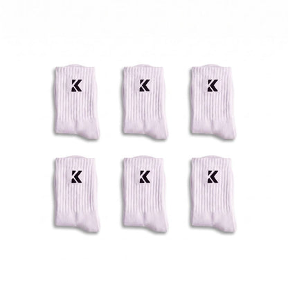 White crew socks 6 pack with cushioned soles, arch support and breathable knit.