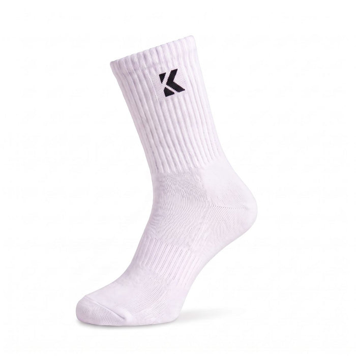 White crew sock front view featuring a cushioned sole and ribbed crew leg