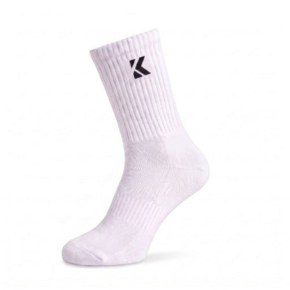 White crew sock front view featuring a cushioned sole and ribbed crew leg