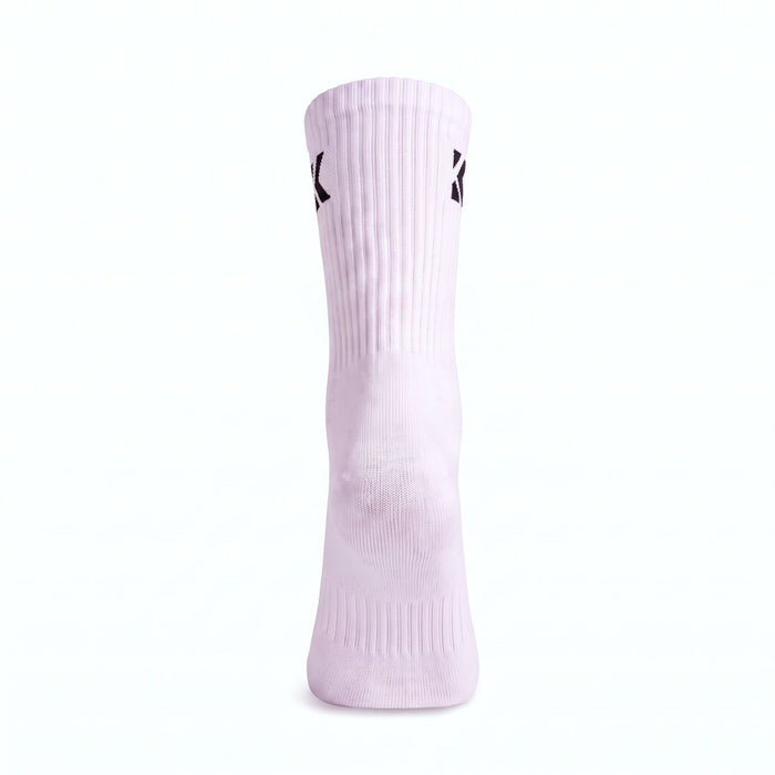 Rear view of a white crew sock showing the ribbed crew leg and jacquard knit logo.