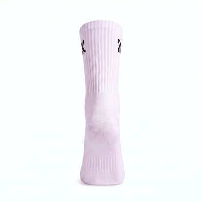 Rear view of a white crew sock showing the ribbed crew leg and jacquard knit logo.