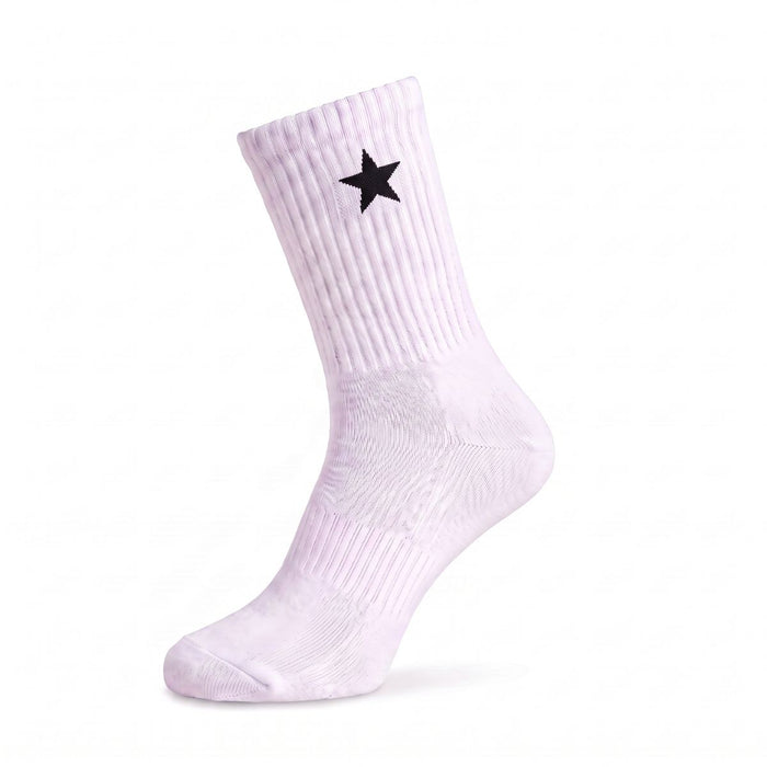 Side view of White Crew Socks with a black star design, showcasing breathable socks with moisture-wicking athletic performance.