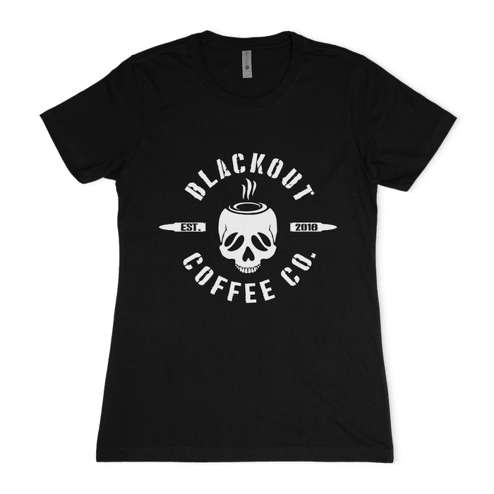 Women's Crew Neck Black T-Shirt BOCC Logo & DTOM Flag - Blackout Coffee Co