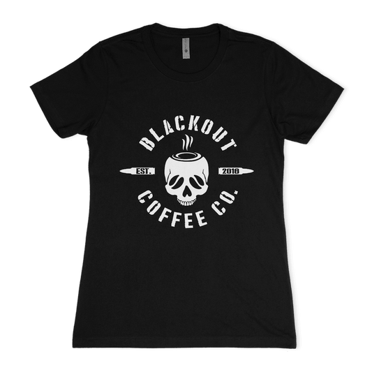 Women's Crew Neck Black T-Shirt BOCC Logo & DTOM Flag - Blackout Coffee Co